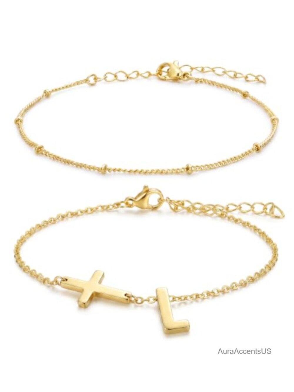 14K Gold Plated Layered Initial Cross Bracelets for Women Stackable Dainty Link